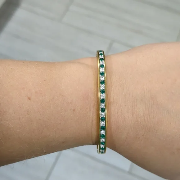 Swarovski crystal green and clear/diamond look pave hinged gold bracelet - Picture 9 of 10